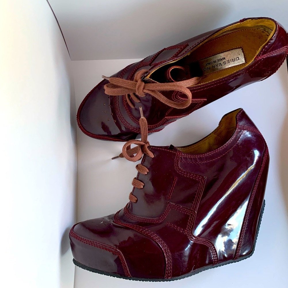 Dries Van Noten patent wedge booties